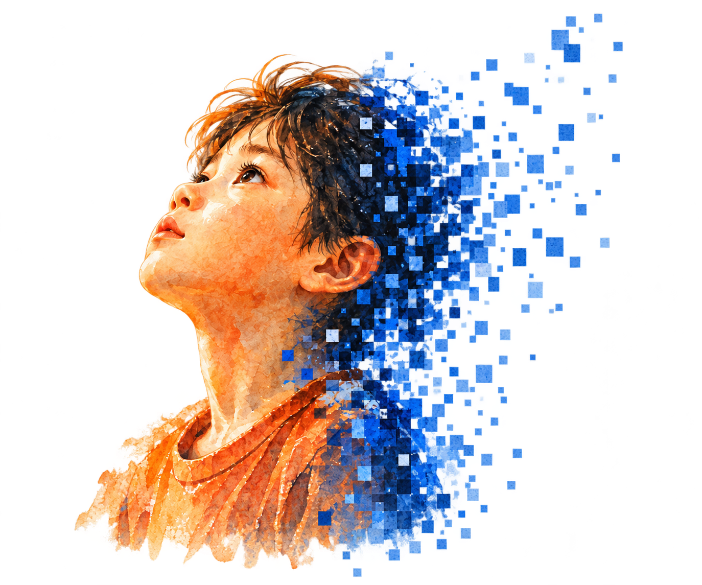 海报中的孩子仰望，蓝色像素向外延伸